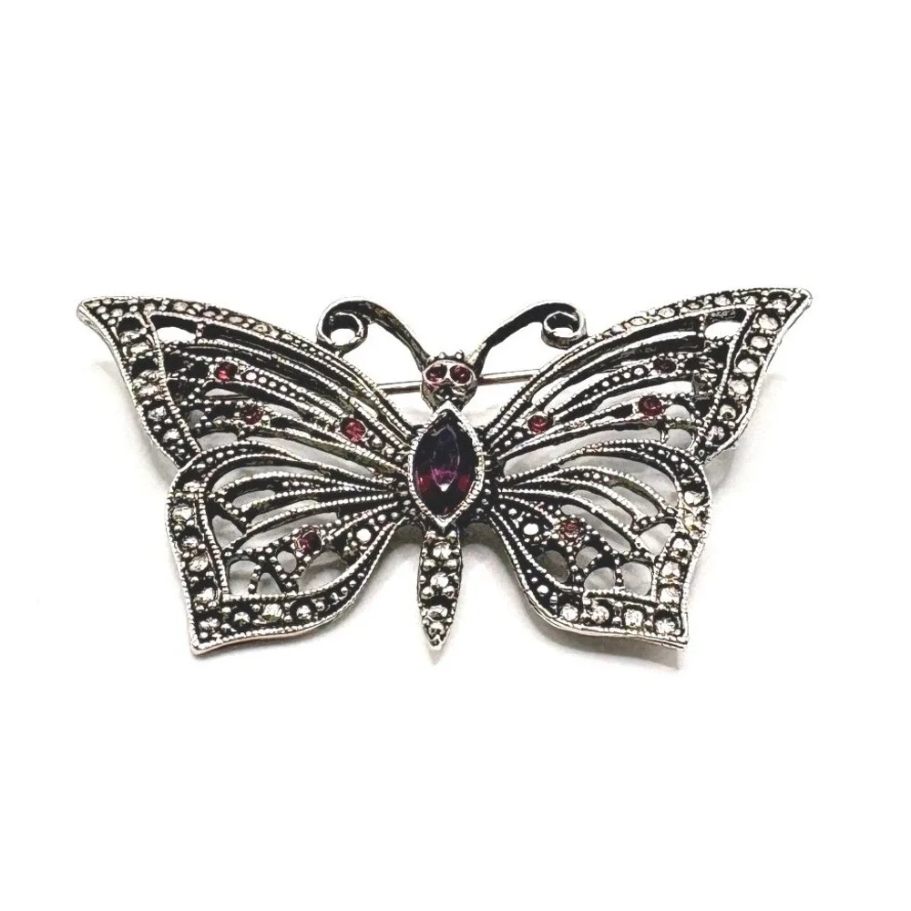 VTG Signed LIA Butterfly Brooch Pink Rhinestones Faux Marcasite Silver Tone